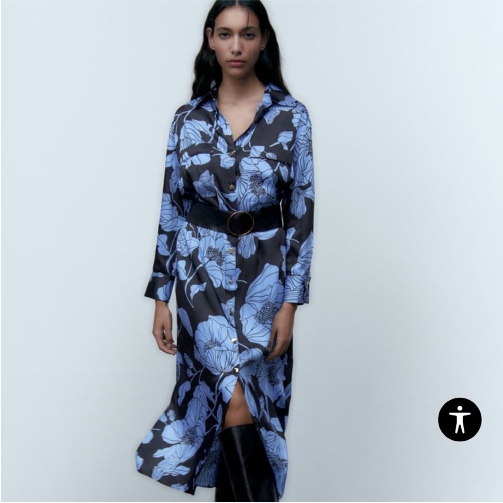 NWOT Zara blue satin floral dress